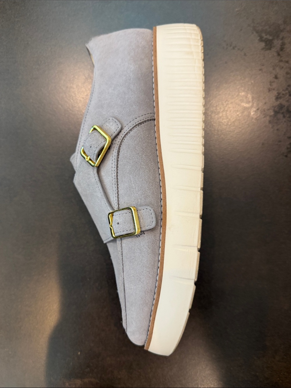 Cole Haan Light Gray Suede Double Monk Strap Loafers - Picture 2 of 6